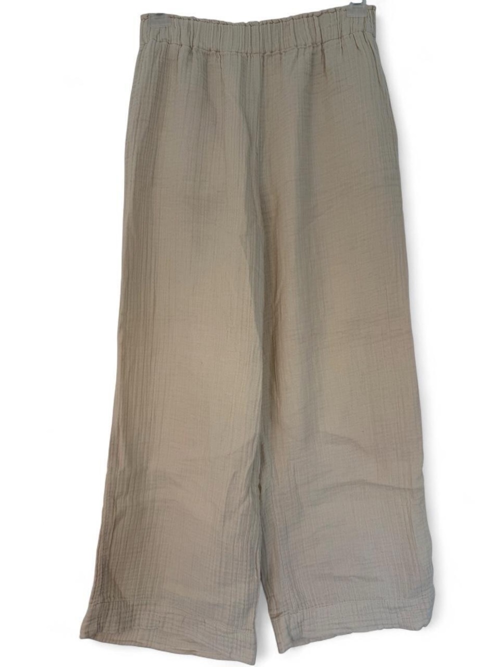 Cream Tan Gauze Wide Leg Pull On Pants Vertical Ribbed Texture Coastal Beach S